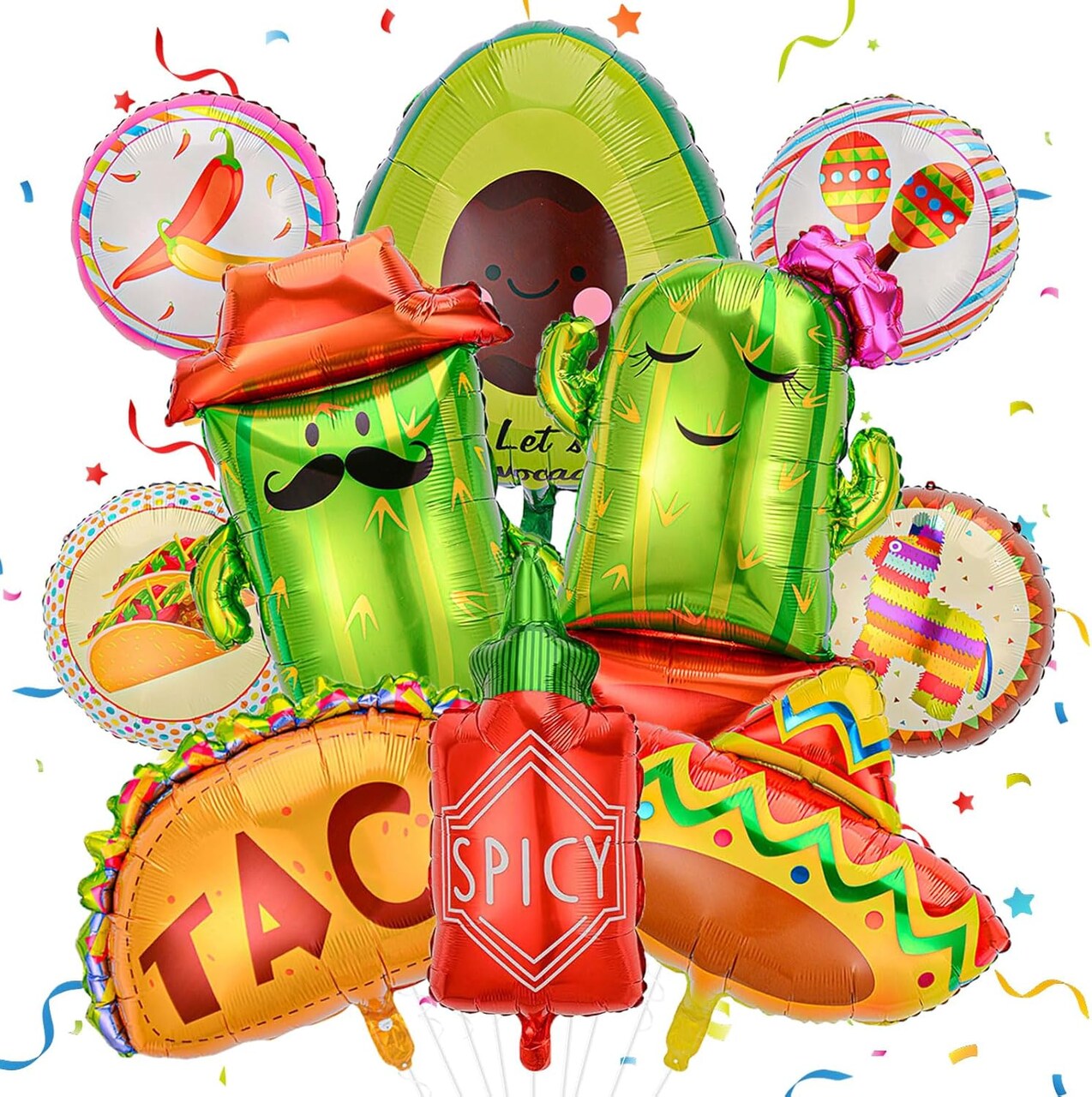 10 Pcs Fiesta Balloons Mexican Taco Cactus Avocado Sombrero Llama Spicy Bottle Foil Balloons Cinco De Mayo Fiesta Party Decorations